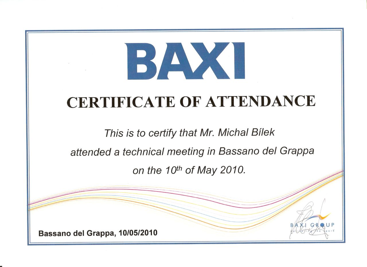 BAXI certifikát 2010
